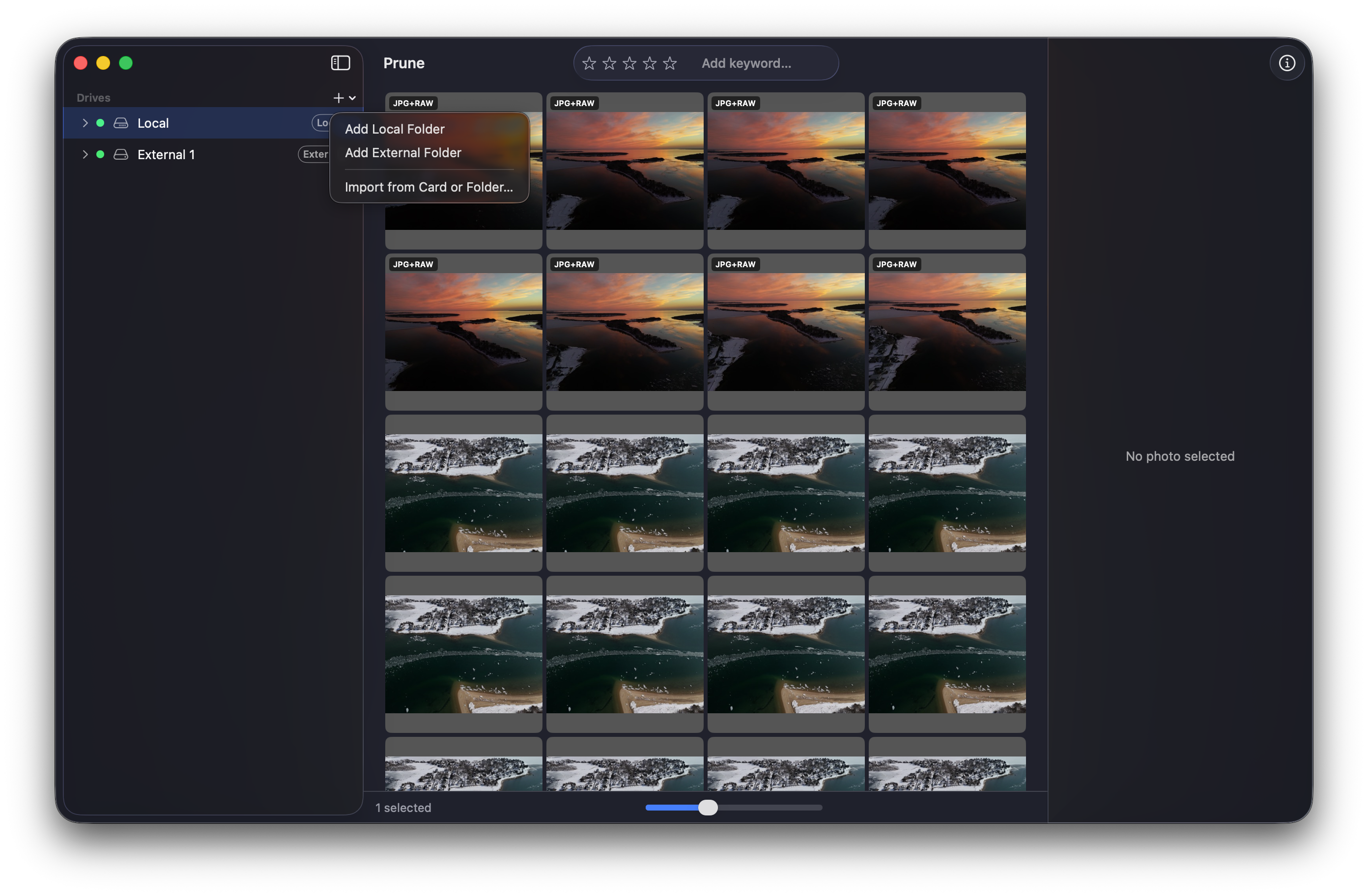 The + menu open in the Prune sidebar, showing Add Local Folder, Add External Folder, and Import from Card or Folder options