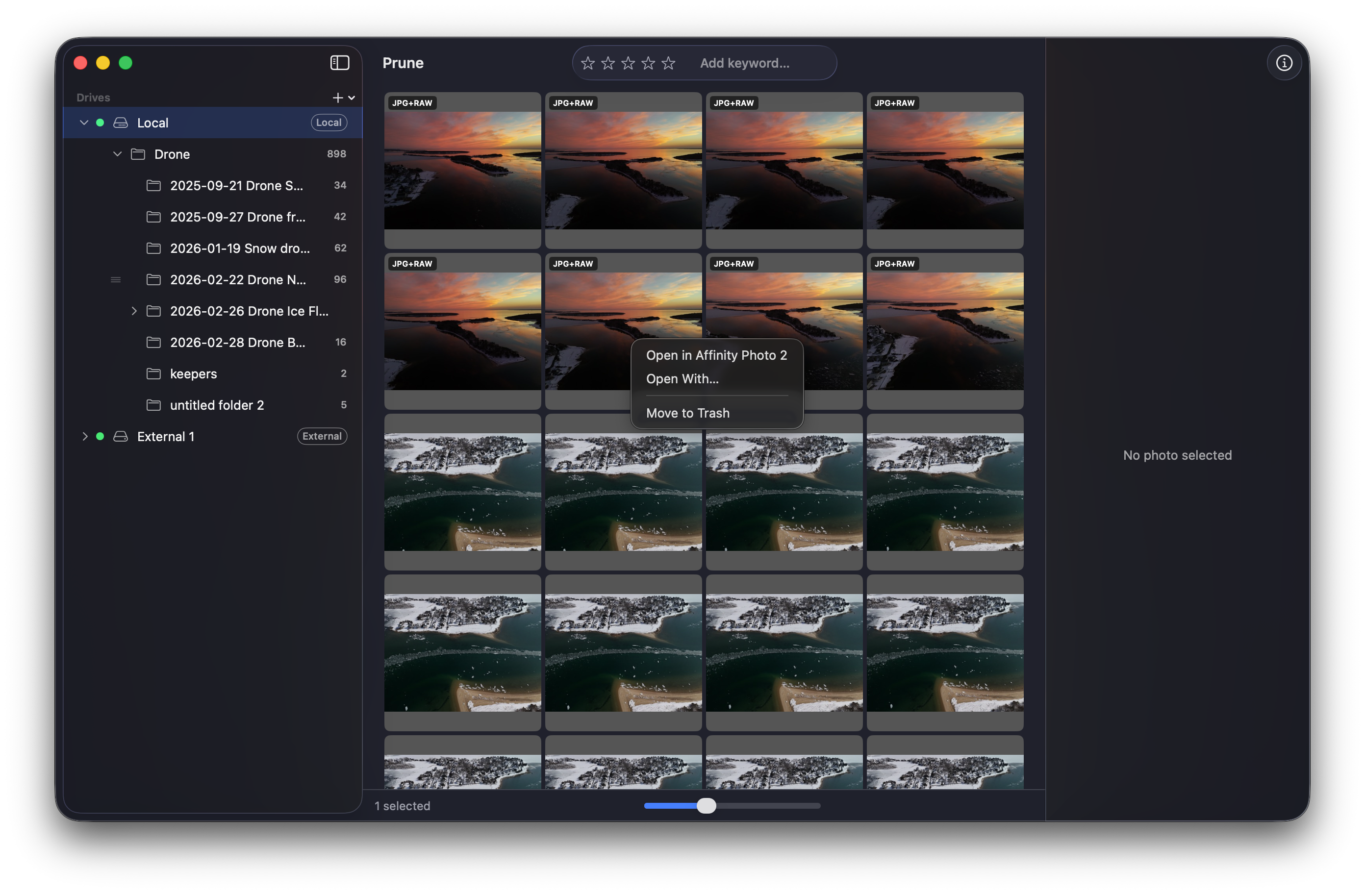 A right-click context menu on a photo in the grid showing Open in Affinity Photo 2, Open With, and Move to Trash