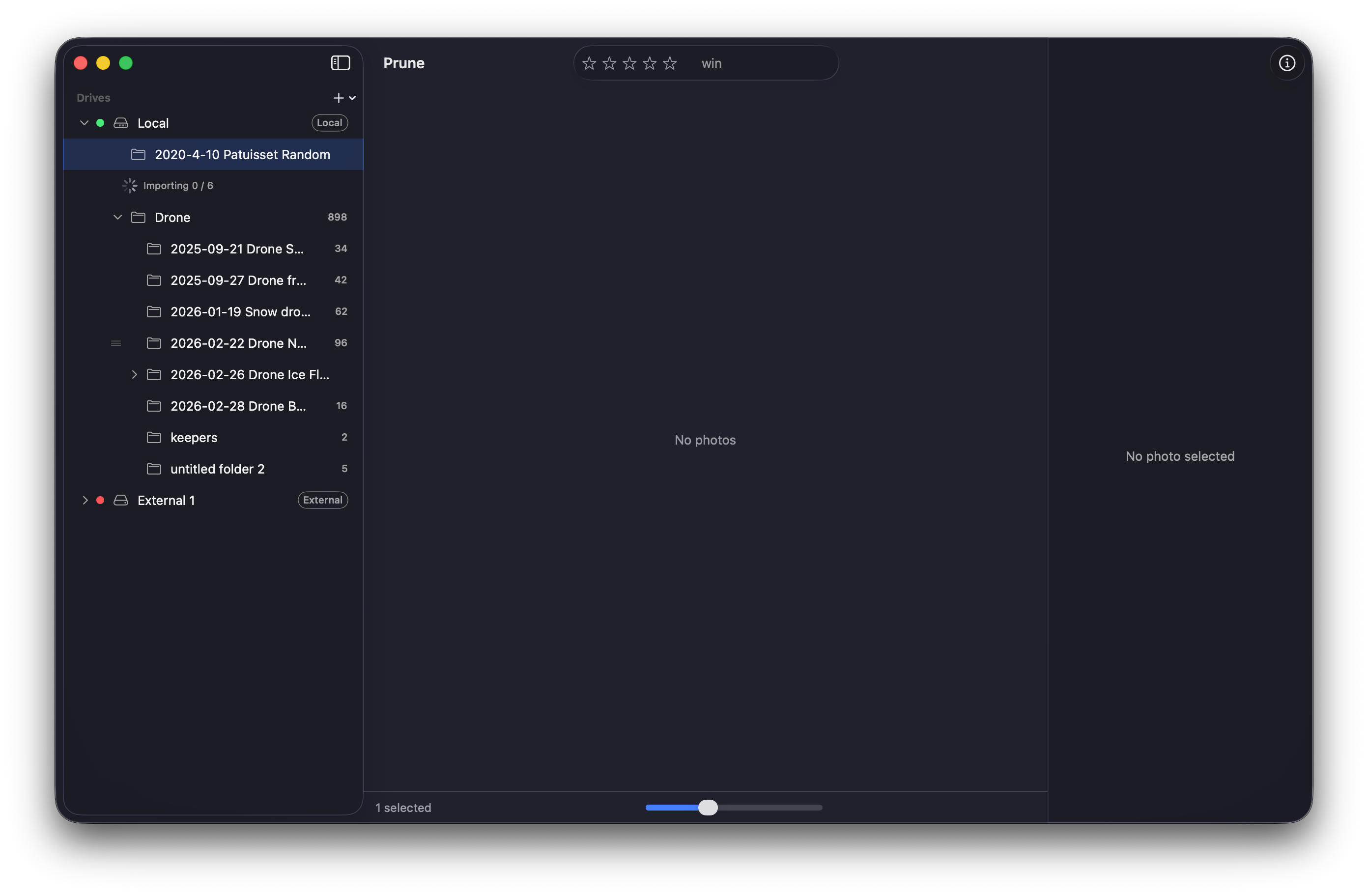 The Prune sidebar showing a newly added folder with an Importing 0/6 progress indicator below it