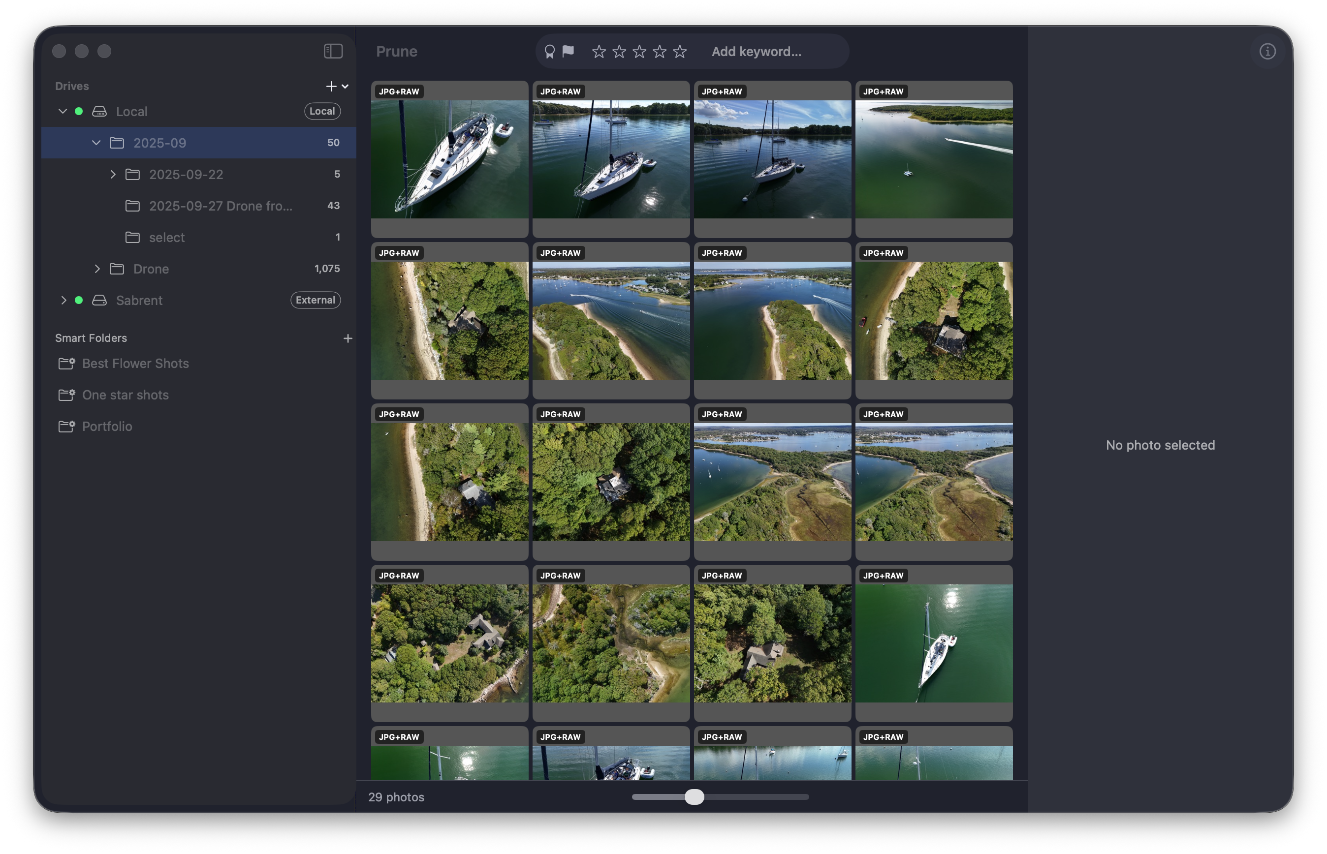 The Prune sidebar showing the Smart Folders section with Best Flower Shots, One star shots, and Portfolio listed below the Drives section