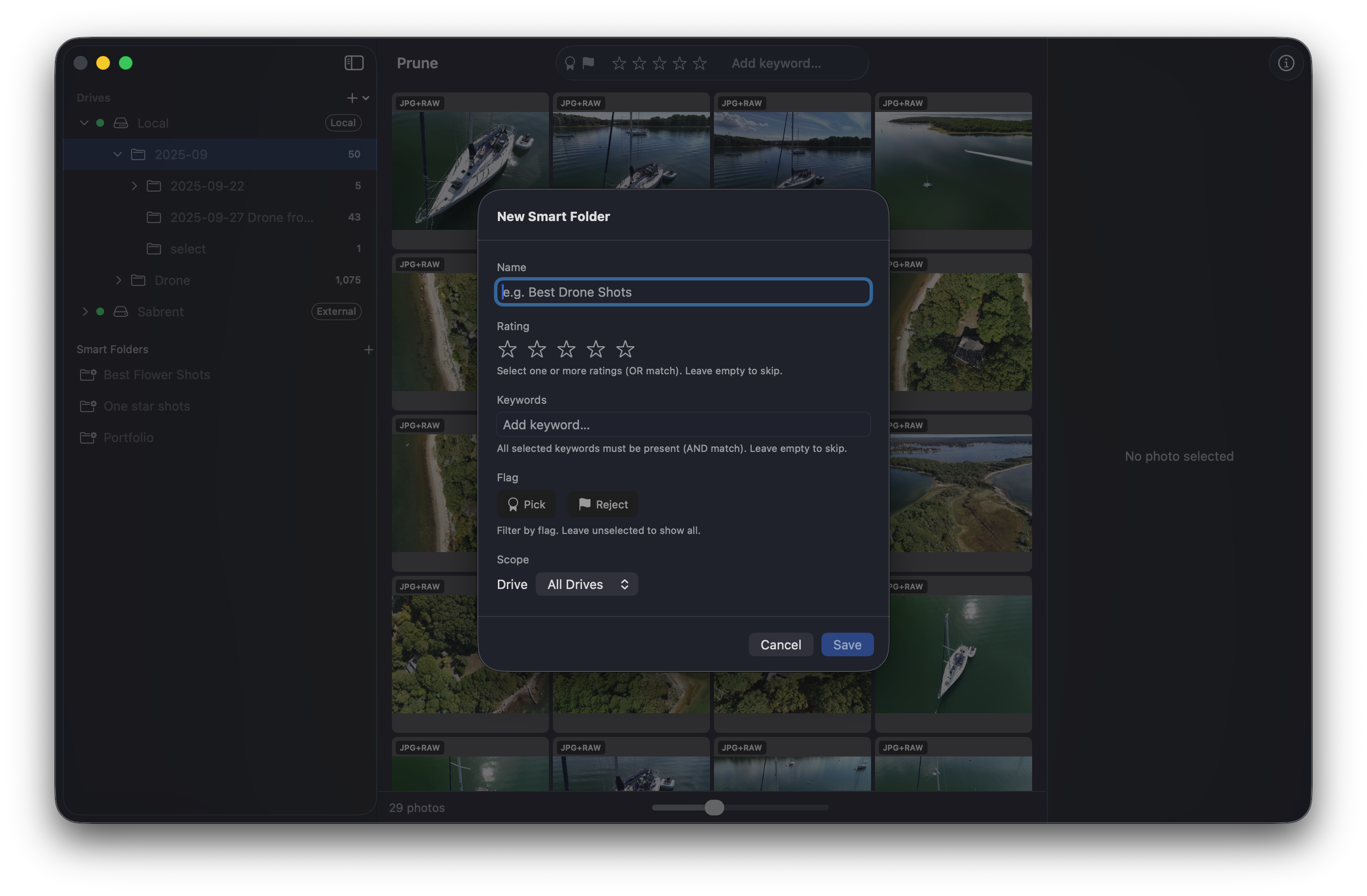 The New Smart Folder sheet showing Name, Rating, Keywords, Flag, and Drive Scope fields