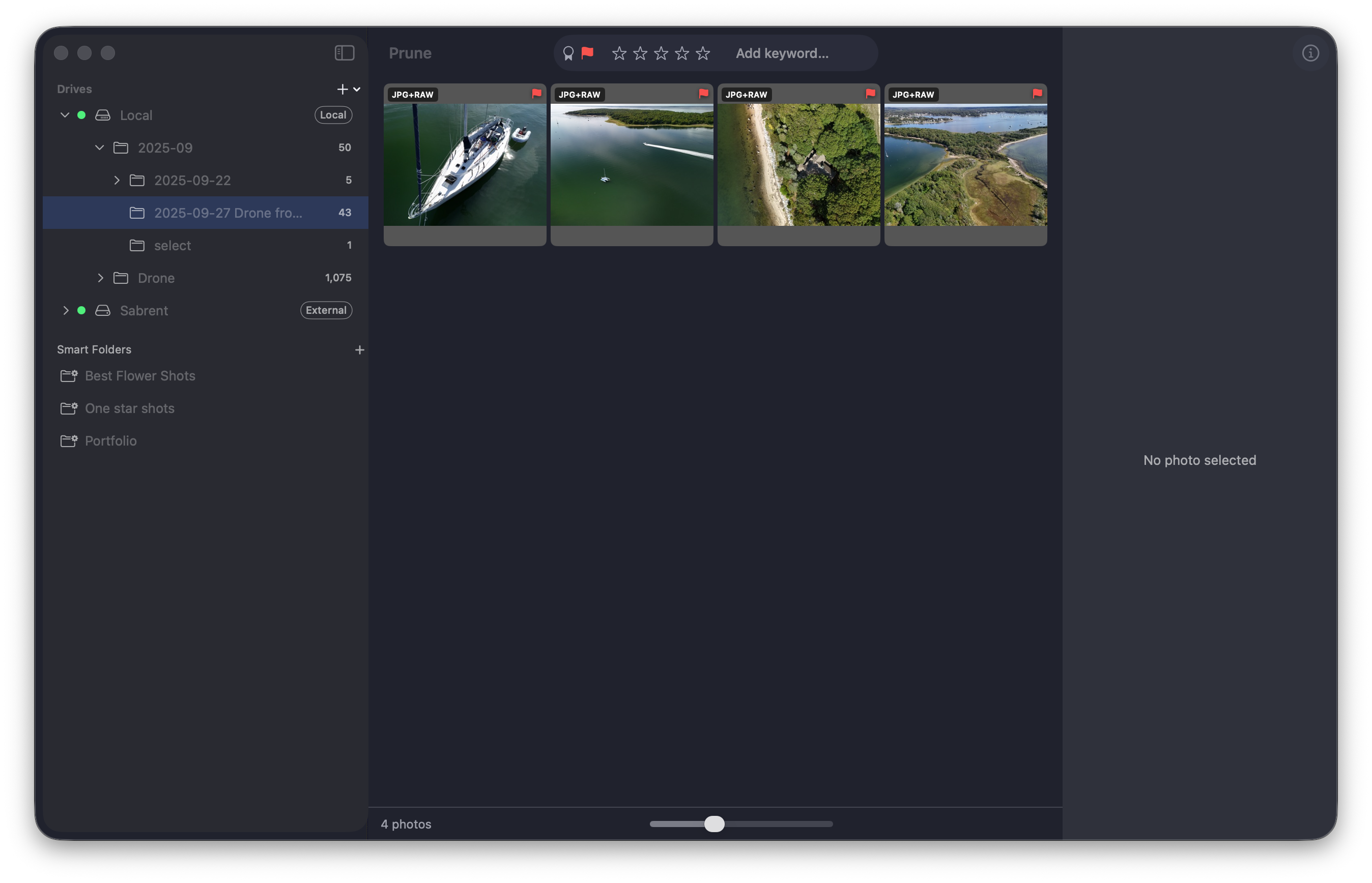 The Prune grid filtered to Rejects only, showing 4 photos with red flag overlays and the Reject filter active in the toolbar