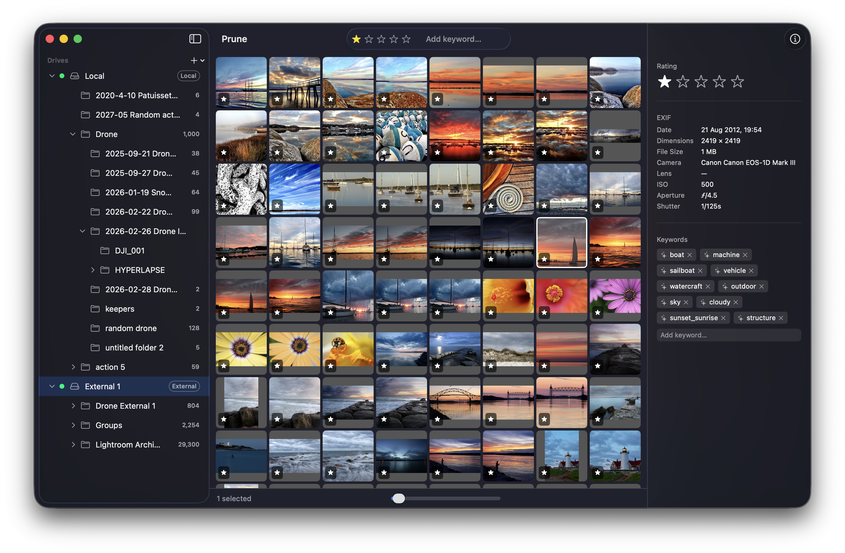 Prune app showing photo grid, sidebar with drives, and inspector panel